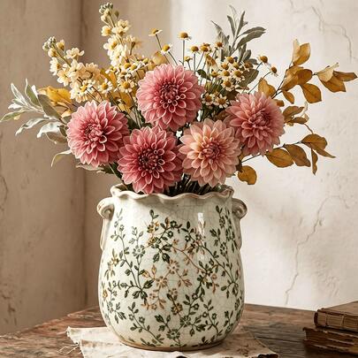 Ceramic Flower Vase Home Decor - 6.7 Inch Farmhouse Rustic Vase Decorative Pottery Terracotta Vases For Living Room House Book Shelf Office Coffee Desk Dining Fireplace Wedding Centerpiece