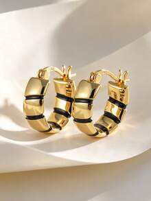 Charm-In 18K Gold Plated Copper Chunky Black Stripe Huggie Hoop Earrings, Click-Top Earrings For Women, Daily Office Party Statement Jewelry Gift - Gold - View 7