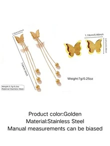 1 Set Elegant Butterfly-Shaped Stainless Steel Stud Earrings For Women, Suitable For Daily Wear/Vacation Travel/Party Dating - Yellow Gold - View 11
