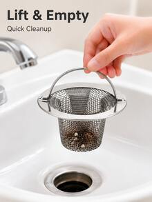 Stainless Steel Sink Strainer With Handle, Fine Mesh Filter Basket, Anti-Clogging Easy-To-Clean Debris Collector, Reusable Filter Basket For Kitchen And Bathroom Sinks, Practical Year-Round Home Accessory - Silver - View 6