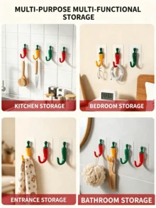1/5pcs Strong Self-Adhesive Chili Pepper Shaped Hooks, Easy Installation Without Drilling, Suitable For Bathroom Towel Hooks, Closet Hooks, Kitchen Hooks, Door Key Hooks, Hair Accessory Storage Hooks And Various Holiday And Party Decorations - Multicolor - View 11