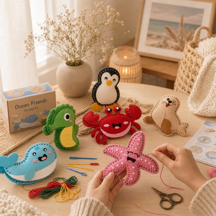 6Pcs Hand‑Sewing Craft Kit, DIY Felt Animal Ornaments Making Set With Safety Plastic Needles, Creative Holiday Party Present, Christmas Birthday Halloween Gift For Craft Enthusiasts
