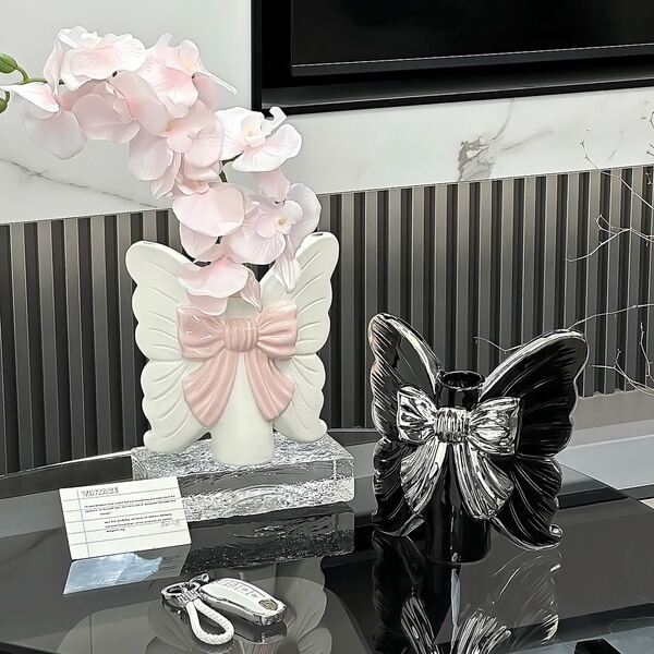 1pc Elegant Butterfly Bow‑Knot Ceramic Flower Vase, Artistic Electroplated Silver Bow Decor Vase, Aesthetic Table Centerpiece Ornament For Living Room Bedroom Entryway Home Decor, Unique Gift For Housewarming Party