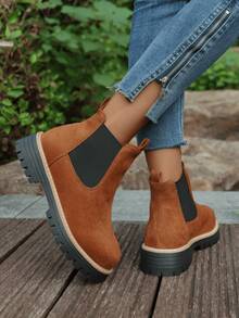 Women Platform Lug Sole Chelsea Boots,Faux Suede Elastic Side Slip‑On Ankle Booties,Ankle Booties,Daily Fashion Fall Winter Ankle Boots,Mid‑Calf Boots - Brown - View 7