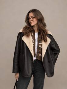 HZXVIC Women's Winter New American Retro Lambhair Inner Loose Shoulder Collar Motorcycle PU Jacket Coat - Brown - View 3