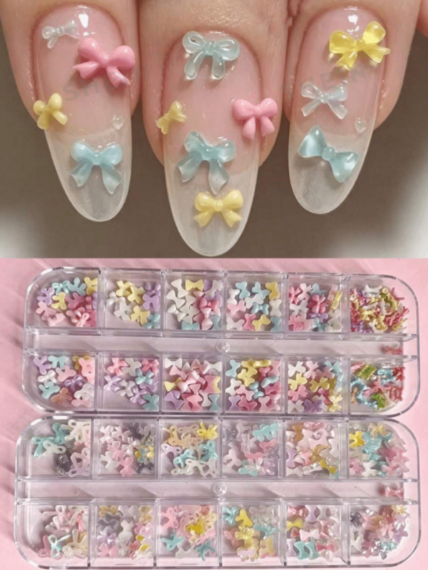 1 caja de 12 decoraciones de arte de uñas estilo verano macaron transparentes con diseño de lazo a cuadros pequeños, estilo Y2K, DIY, múltiples productos de lazos para uñas, accesorios de arte de uñas, lentejuelas para uñas