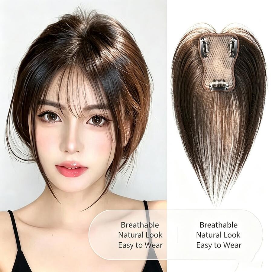 8-Character Bangs Fashion Natural Wig Hairpiece For Women, Seamless Lightweight Thin Top Hair Extension Clip-In Hair Accessory - Coffee Brown - View 1