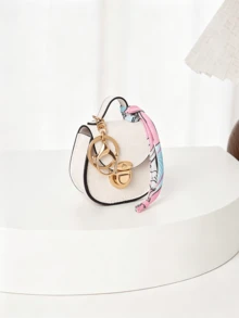 Mini Saddle Keychain Bag, Faux Leather Small Coin Purse With Random Color Scarf Decoration, Gold Lock Hardware, Small Storage Bag, Cute Handbag Charm, Suitable For Daily, Dating, Party Gifts, Multi-Color Mini Shoulder Bag Accessory - Multicolor - View 15