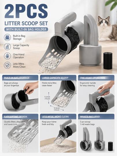 2 buah Sekop Kotoran Kucing Kapasitas Besar + 1 Kantong Sampah, Desain Tanpa Kontak, Pegangan Ergonomis, Struktur Plastik Tahan Lama, Mudah Dibersihkan, Cocok untuk Penggunaan Dalam/Luar Ruangan, Perawatan Hewan Peliharaan Dalam Ruangan, Perlengkapan Hewan Peliharaan Modern, Struktur Kokoh