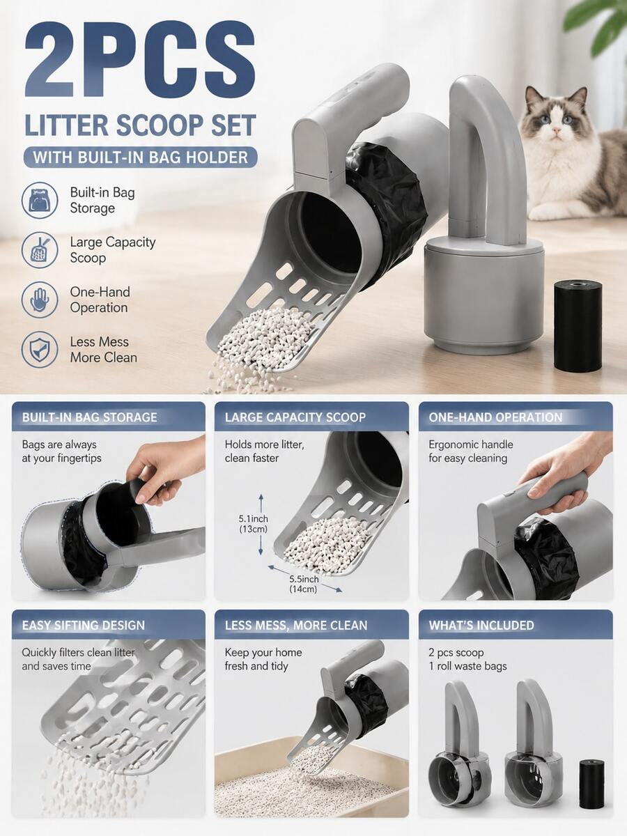 2pcs Large Capacity Cat Litter Scoop + 1 Garbage Bag, Contactless Design, Ergonomic Handle, Durable Plastic Structure, Easy To Clean, Suitable For Indoor/Outdoor Use, Indoor Pet Care, Modern Pet Supplies, Sturdy Structure - Grey - View 1