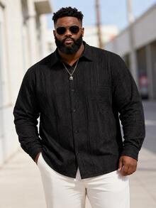 Men's Plus Size Shirt, Autumn Knit Textured Fabric Casual Plus Size Top, Solid Color Single-Breasted Long Sleeve Plus Size Men's Clothing - Black - View 1