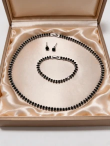 Black Emerald Cut Jewelry Set Necklace Bracelet Earrings - Black - View 2