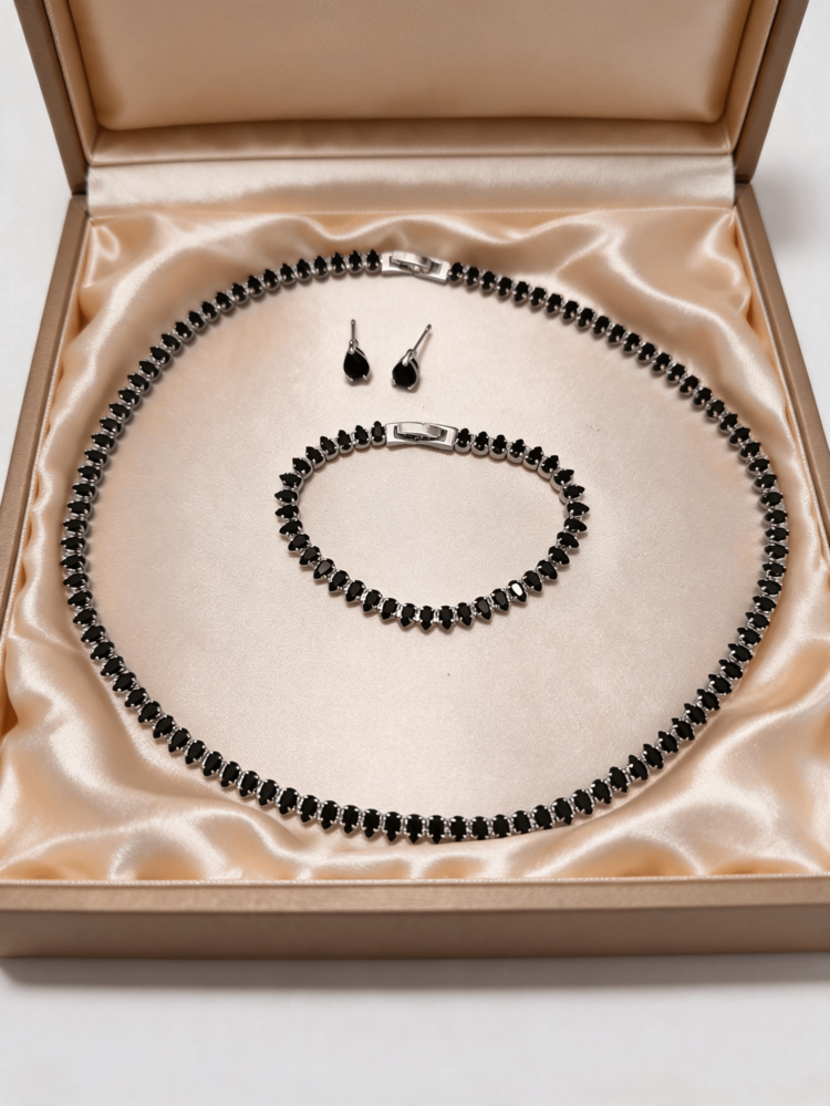 Black Emerald Cut Jewelry Set Necklace Bracelet Earrings - Black - View 1