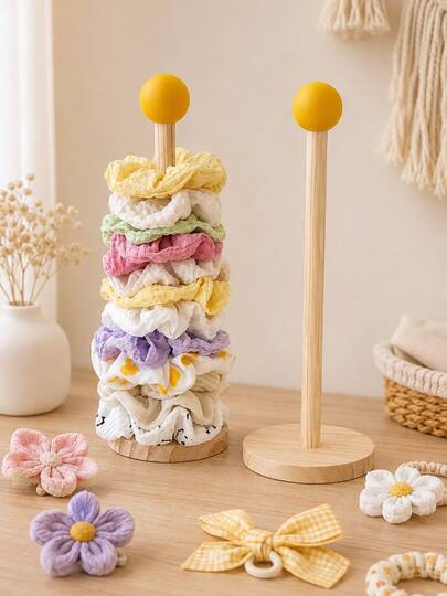 1/2pcs Minimalist Wooden Yellow Ball Hair Tie Storage Rack, Desktop Standing Hair Tie Organizer, Solid Wood Strip Bracelet Storage Rack