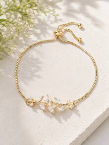 1pc Gold-Colored Leaf & Wheat Spike Design Copper Bracelet With Cubic Zirconia Inlay, Suitable For Women To Wear In Daily Life, Date And Party Occasions - Yellow Gold - View 6