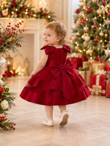 New Baby Girl Princess Dress, 1st Birthday Bow Tulle Tutu Party Dress - Red - View 6