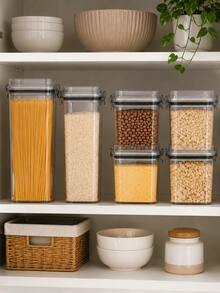 Kit Potes Herméticos Porta Mantimentos em Acrílico Cristal Transparente Organizador Empilhável para Cozinha Armazenar Cereais Grãos Massas Feijão Arroz Farinha Açúcar Café Temperos - Kit 5 Peças - Visão 5