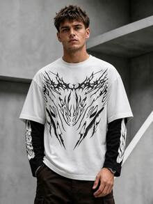 Krometka Men's Dark Thorn Print 2 In 1 Long Sleeve T-Shirt, American Street Style Retro Patchwork Contrast Color Crew Neck Top - White - View 1