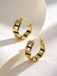 Charm-In 18K Gold Plated Copper Chunky Black Stripe Huggie Hoop Earrings, Click-Top Earrings For Women, Daily Office Party Statement Jewelry Gift - Gold - View 5