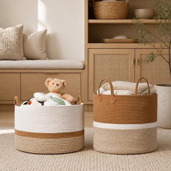 1pc Large Three-Tone Cotton Rope Laundry Basket With Dual Handles, Soft Foldable Round Storage Hamper For Blankets, Towels, Clothes, Toys And Pillows, Boho Organizer For Bedroom, Bathroom, Nursery, Laundry Room And Dorm