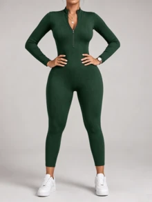 Mono Deportivo de Manga Larga con Cremallera para Mujer - Conjunto de Yoga Ajustado de Ribete, Ropa de Entrenamiento para Fitness y Pilates - Verde - Ver 2