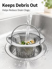 Stainless Steel Sink Strainer With Handle, Fine Mesh Filter Basket, Anti-Clogging Easy-To-Clean Debris Collector, Reusable Filter Basket For Kitchen And Bathroom Sinks, Practical Year-Round Home Accessory - Silver - View 3