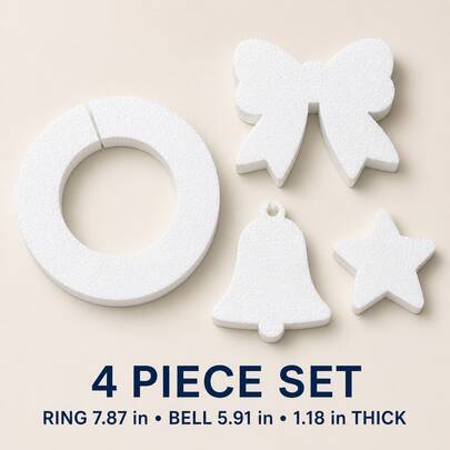 4-Piece Christmas EPS Foam Craft Blank Set, 7.87in Wreath Ring With 5.91in Bell, Bow And Star, 1.18in Thick White Expanded Polystyrene Shapes For Painting, Hanging Ornaments, Door, Window And Mantel Decor