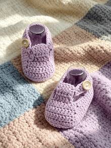 1 Pair Handmade Crochet Infant Boots, Red With Button Closure, Infant Shoes - Mauve Purple - View 4