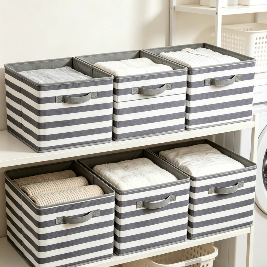 6‑Pack 33cm Foldable Fabric Storage Cubes With Handles, White Grey Striped Closet Organizer Bins - View 1