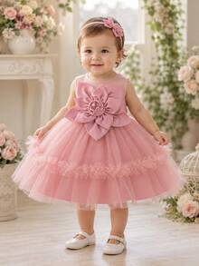 New 3D Applique Sleeveless Satin & Tulle Model Runway Girls' Puffy Birthday Princess Dress - Pink - View 3