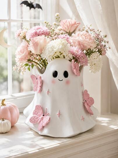 1pc Cute Ghost Vase, Pink Butterfly Decor, Kawaii Halloween Vase, Spooky Season Home Decor, Suitable For Living Room, Bedroom, Table, Shelf And Desk, Aesthetic Room Decor, Autumn Halloween Decoration, Tabletop Centerpiece, Gift For Women And Girls
