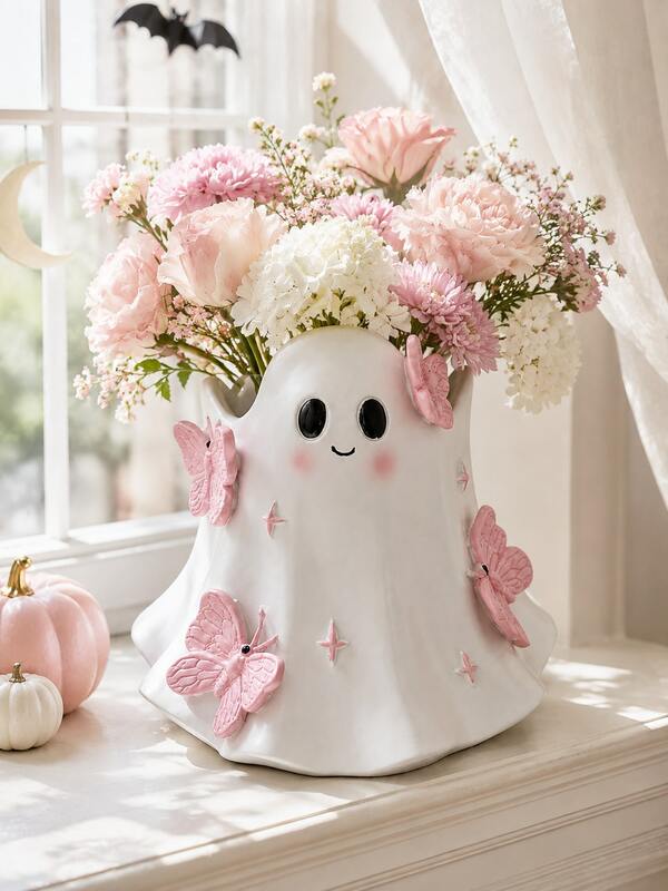 1pc Cute Ghost Vase, Pink Butterfly Decor, Kawaii Halloween Vase, Spooky Season Home Decor, Suitable For Living Room, Bedroom, Table, Shelf And Desk, Aesthetic Room Decor, Autumn Halloween Decoration, Tabletop Centerpiece, Gift For Women And Girls