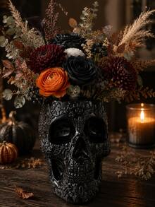 1pc Decorative Floral Skull Vase, Gothic Style Black & White Skull Planter, Embossed Sugar Skull Tabletop Centerpiece, Halloween Home Decor, Suitable For Dried Flowers And Fresh Flowers, Living Room Bookshelf Party Decoration - Gothic Skull Vase - View 6