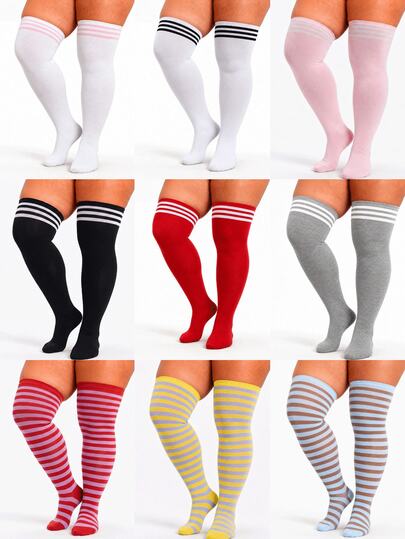 1 paire de chaussettes hautes au-dessus du genou grande taille, chaussettes hautes unies et rayées, chaussettes longues à revers large antidérapantes, chaussettes hautes élastiques grande taille, chaussettes de costume décontractées pour Halloween et cosplay, choix de cadeau