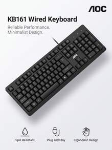 AOC KB161 Wired Keyboard: 104-Key Full-Size Layout | USB Plug And Play | Spill-Resistant Design | Non-Slip Feet For Stable Operation | Ergonomic Comfortable Experience | Compatible With Win7/8/10 - View 1