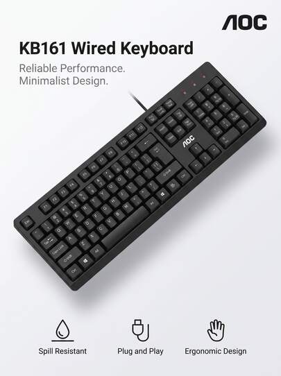 AOC KB161 Wired Keyboard: 104-Key Full-Size Layout | USB Plug And Play | Spill-Resistant Design | Non-Slip Feet For Stable Operation | Ergonomic Comfortable Experience | Compatible With Win7/8/10