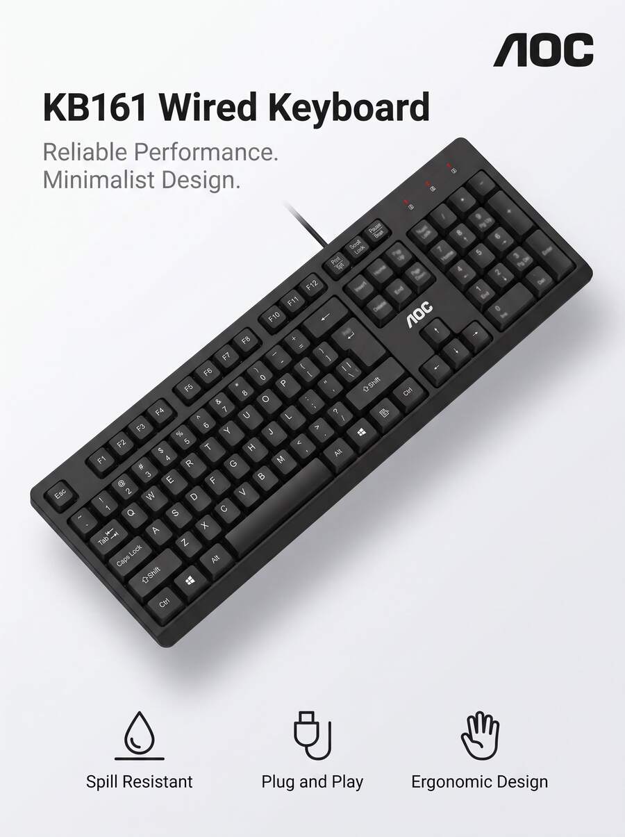 AOC KB161 Wired Keyboard: 104-Key Full-Size Layout | USB Plug And Play | Spill-Resistant Design | Non-Slip Feet For Stable Operation | Ergonomic Comfortable Experience | Compatible With Win7/8/10 - View 1