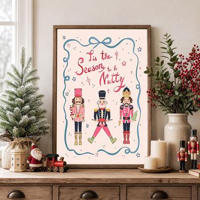 1pc Tis The Season To Be Nutty Christmas Canvas Wall Art Nutcracker Ballet Holiday Decor Pink Whimsical Christmas Poster Canvas Print For Living Room Bedroom Home Xmas Party Decoration Unframed Or Framed/Wooden Hanging