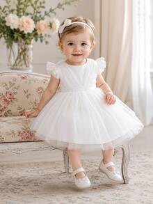 Gaun Putri Baru untuk Anak Perempuan, Rok Mengembang dari Tulle, Gaun Pengiring Pengantin dengan Punggung Terbuka dan Pita, Cocok untuk Pakaian Kasual dan Pertunjukan. - Putih - View 3