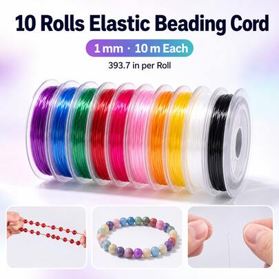 10 Rolls 10m Multicolor Elastic Cord 1mm Crystal Beaded Line | Bracelet Necklace DIY Making High Elasticity Wear-Resistant Jewelry Line (393.7 Inches Per Roll)