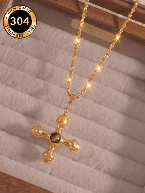 1pc Vintage Style Stainless Steel Women's Jewelry, Tiger Eye Stone Pendant + Stainless Steel Necklace; Suitable For Daily, Party, Vacation Wear, Also Can Be Used As A Gift