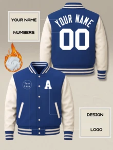 Custom Men Varsity Jacket Warm Baseball Bomber Coat Personalized Name Number Logo Royal Blue Retro Casual Outerwear - Blue - View 1