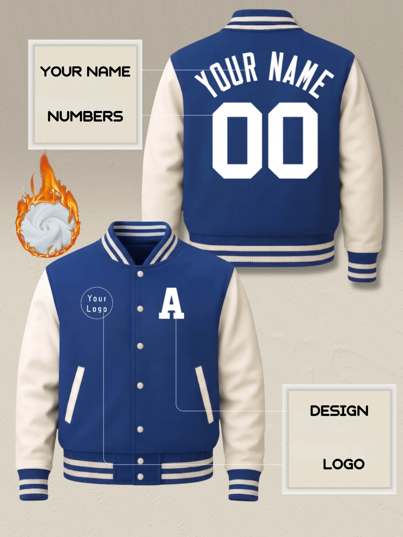 Custom Men Varsity Jacket Warm Baseball Bomber Coat Personalized Name Number Logo Royal Blue Retro Casual Outerwear - Blue - View 1