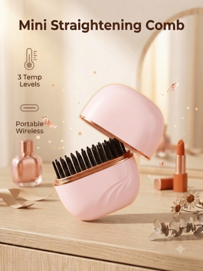 LEVIATECH Wireless Mini Hair Straightener Comb, Pocket Portable Hair Straightener, 3 Temperature Settings, USB Rechargeable Fast Heating, Anti-Scald Design, Suitable For All Hair Types, Travel Hair Styling Tool