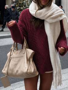 SEREN New Autumn/Winter Round Neck Ribbed Long Sleeve Women's Knit Sweater, Loose Casual Red Top, Commuting Daily Wear Winter Sweater - Burgundy - View 4