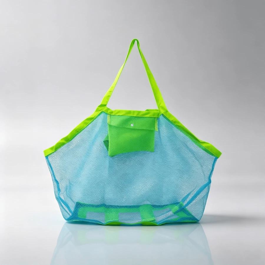 Zippered Mesh Carry Bag, Blue Mesh, Green Shoulder Straps, Size 18 X 12 X 18 Inch, Spacious Tote For Beach, Swimming Pool And Outdoor Trips - View 1