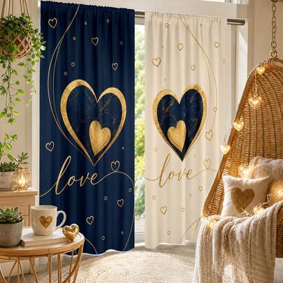 Juego de 2 piezas, cortinas de estilo de lujo con estampado de corazones en azul marino y beige dorado para el Día de San Valentín, cortinas con bolsa para barra, impresión digital de alta definición, lavables a mano y a máquina, adecuadas para sala de estar, dormitorio, fiesta y decoración del hogar.
