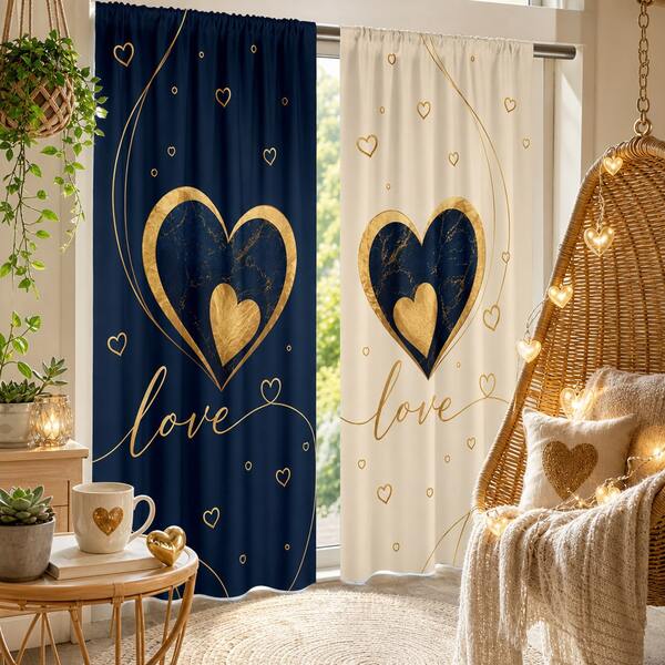 2 Pieces Set, Navy Blue And Beige Gold Heart-Themed Valentine's Day Style Printed Luxury-Style Curtains, Pole Bag Curtains, High-Definition Digital Printing, Washable By Hand And Machine, Suitable For Living Room, Bedroom Party And Home Decoration.