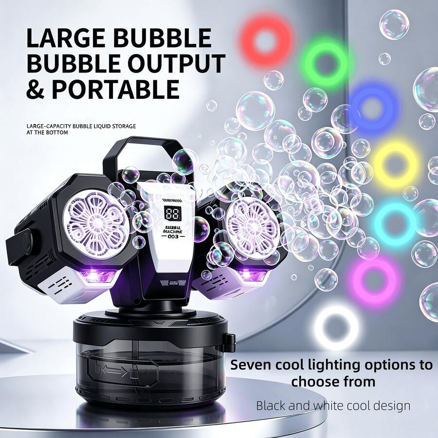 Atmospheric Rechargeable RGB Bubble Machine, 30,000+ Bubble Output Effect, 360° Auto-Rotation With Remote Control, Battery Level Display, Suitable For Wedding Decor, Kids Party And Outdoor Leisure Use