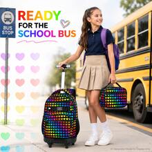 3pcs/Set Girls Colorful Heart & Leopard Print Oxford Fabric Rolling Backpack, Adjustable Shoulder Straps, Zipper Closure, Cute Style, Suitable For School And Daily Outings - Red - View 9